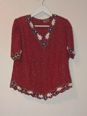 Vintage Creative Touch Beaded Silk Blouse Red Sequin Evening Top